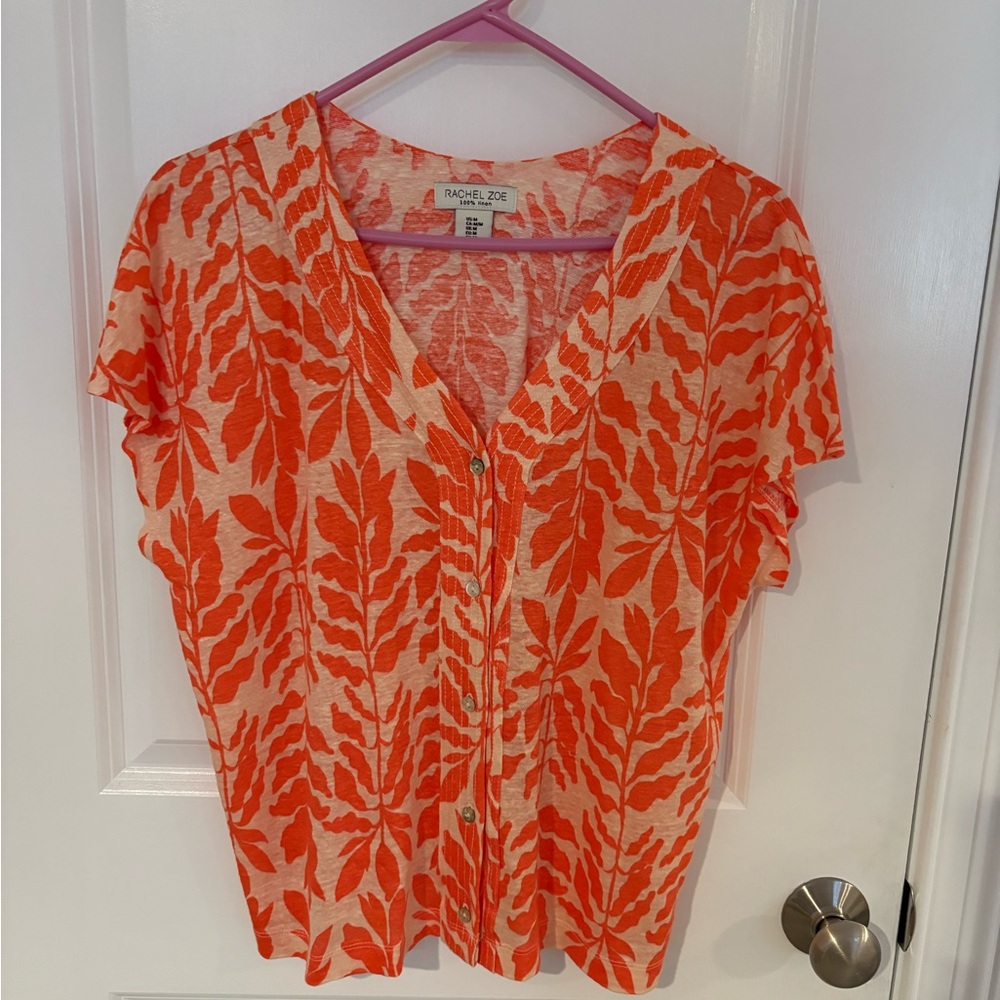 Rachel Zoe Vibrant Orange Leaf Print Button Down Shirt